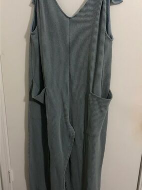 BiBi Ribbed Sleeveless Jumpsuit in Sage Blue-Green